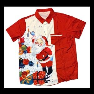 Men’s Retro Santa Christmas Button Down Bowling Shirt Size Large Festive
